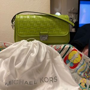 Michael Kors BradShaw Woven Leather Convertible Shoulder Bag,lime